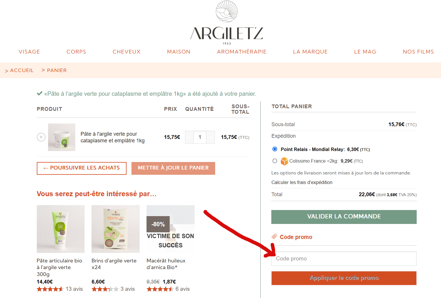 Où est la case code promo sur Argiletz ?