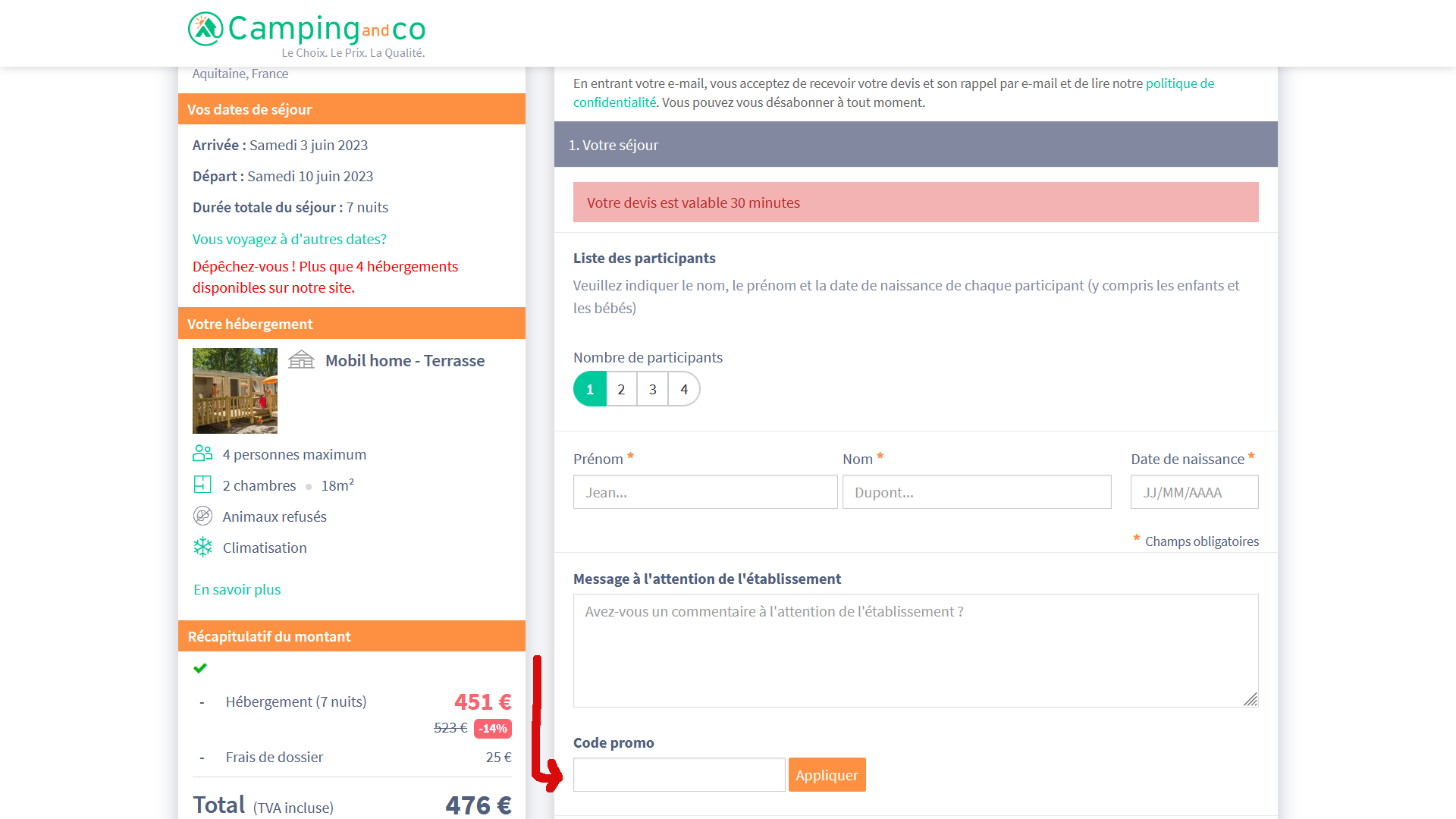 Où est la case code promo sur Camping and co ?