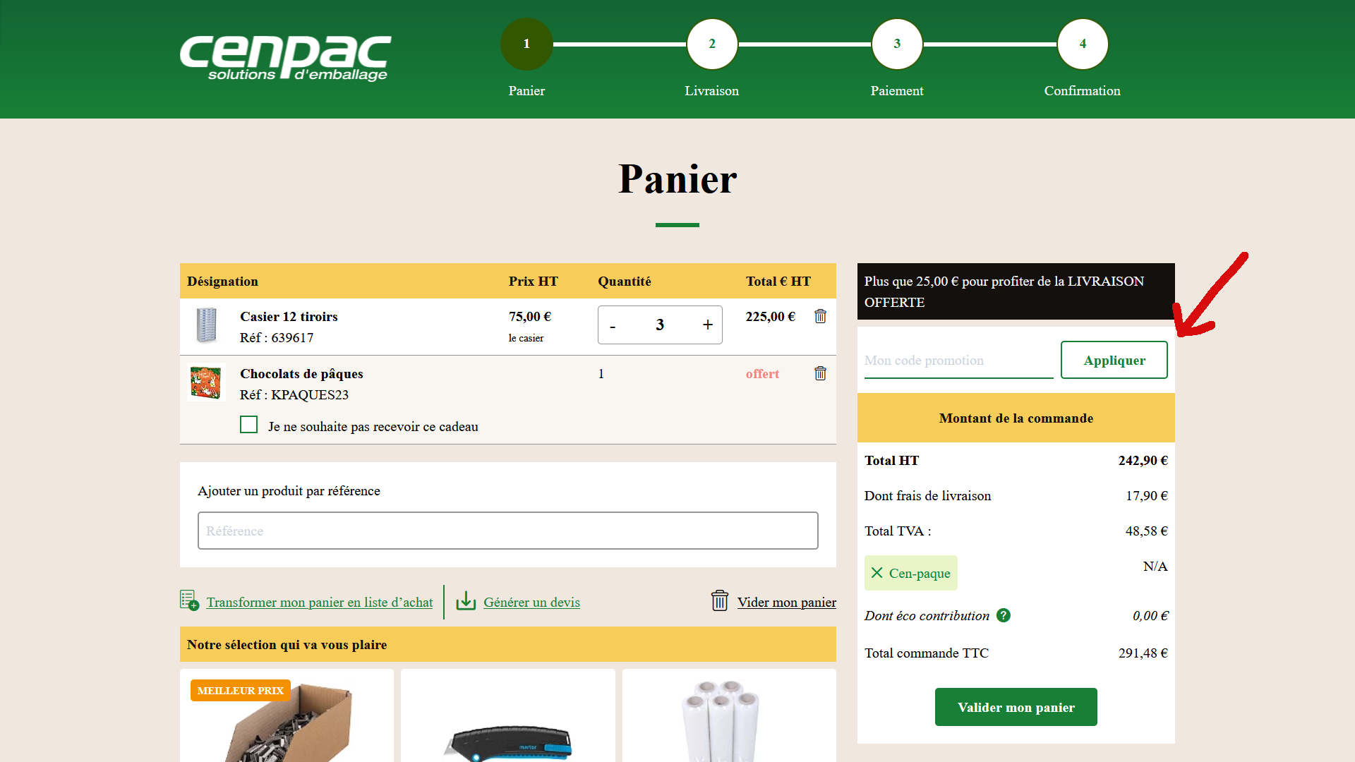 Où est la case code promo sur Cenpac ?