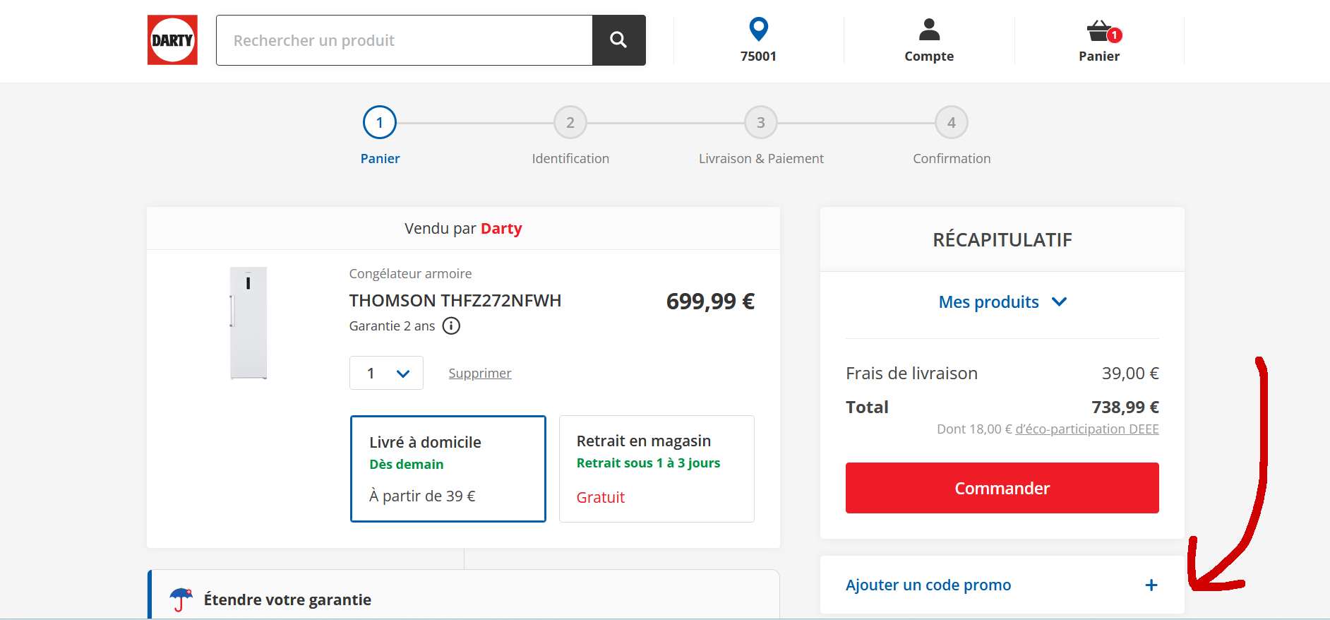 Où est la case code promo sur Darty ?