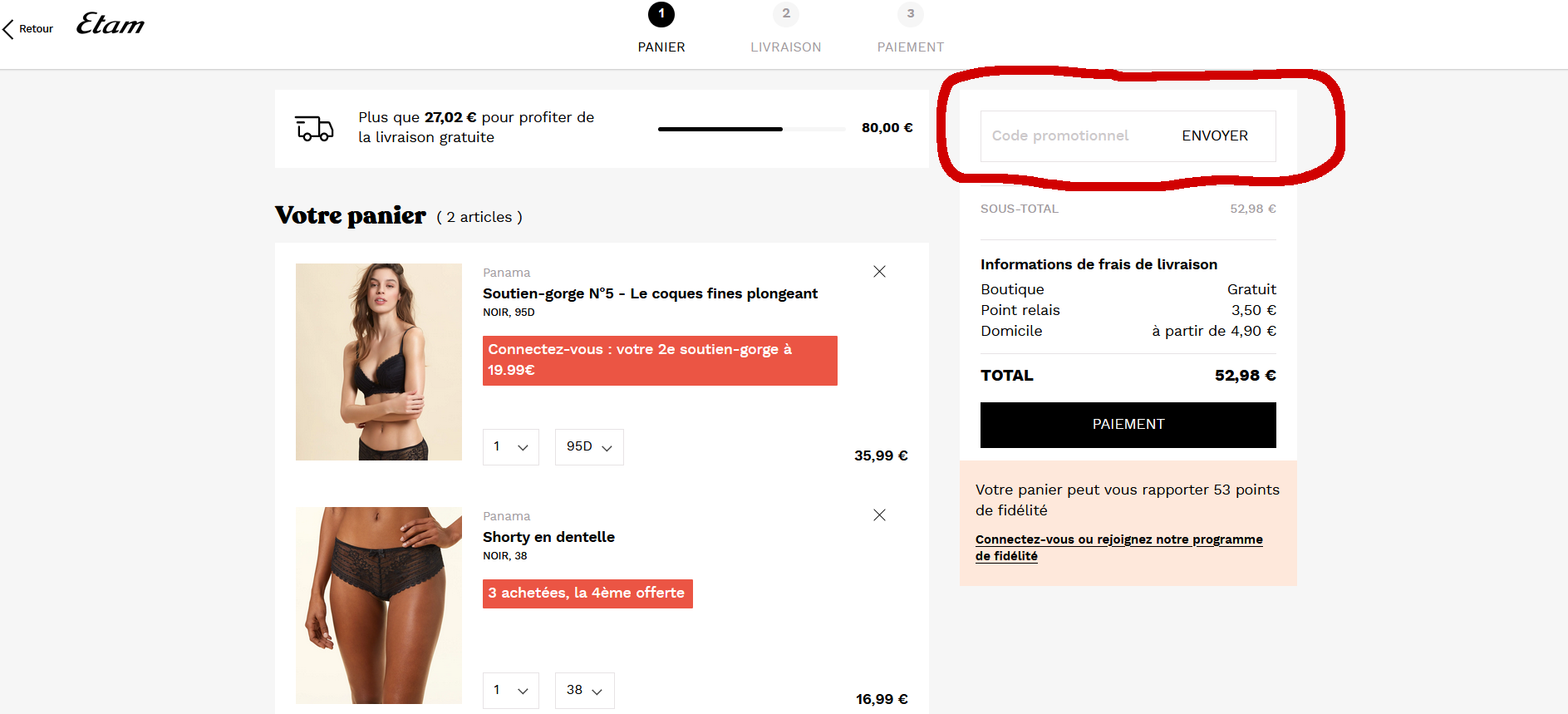 Où est la case code promo sur Etam ?