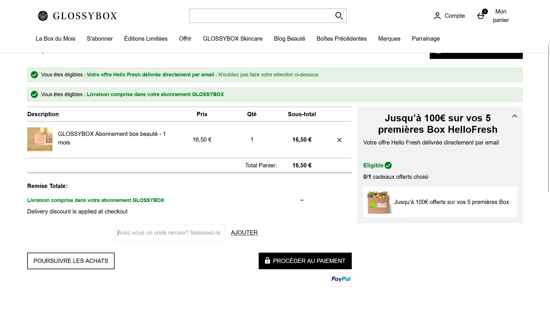Où est la case code promo sur Glossybox ?