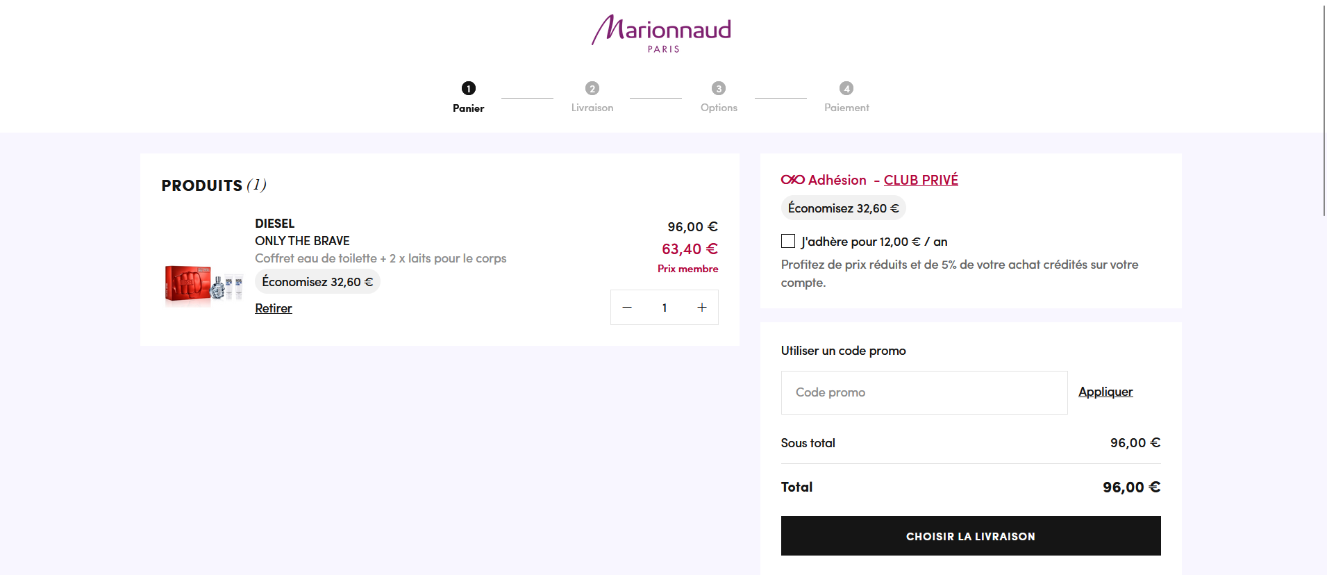 Où est la case code promo sur Marionnaud ?