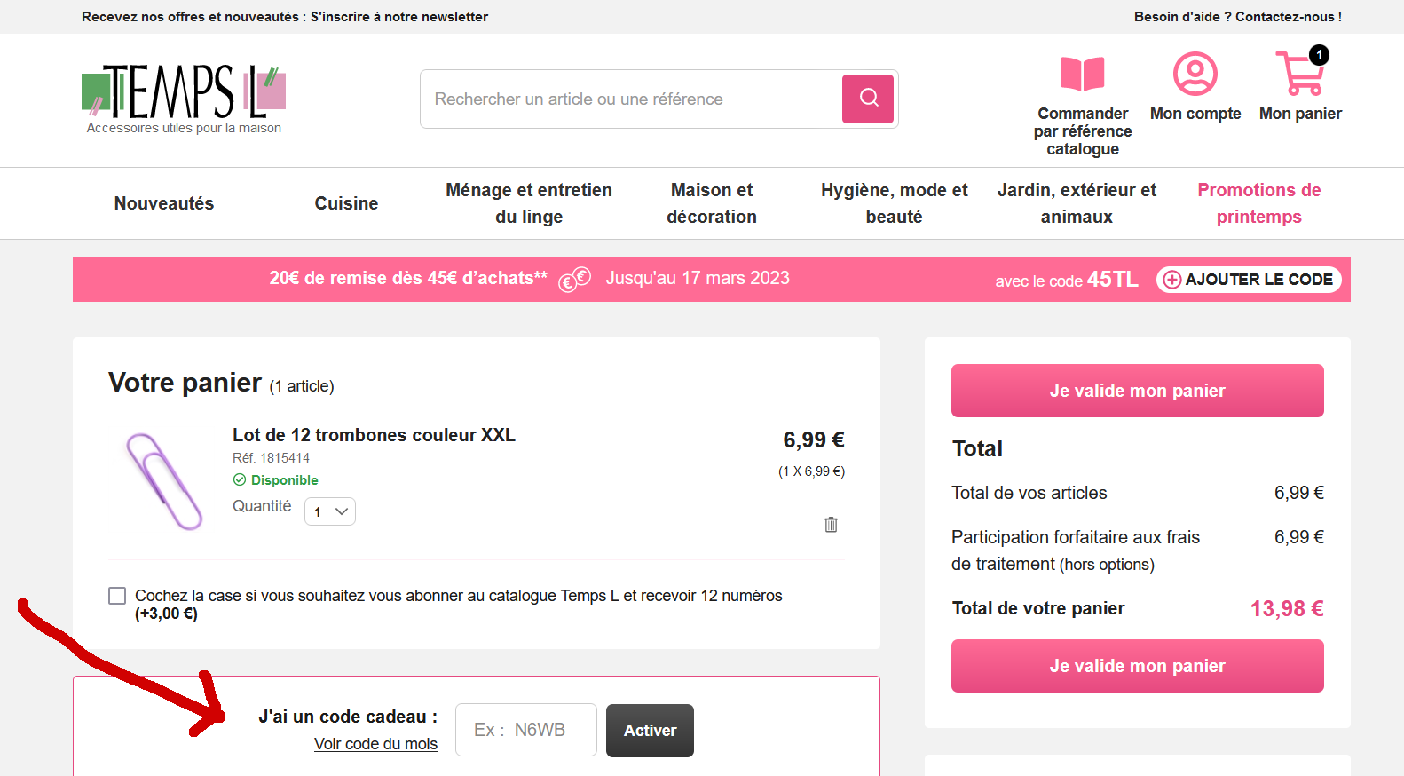 Où est la case code promo sur Temps L ?