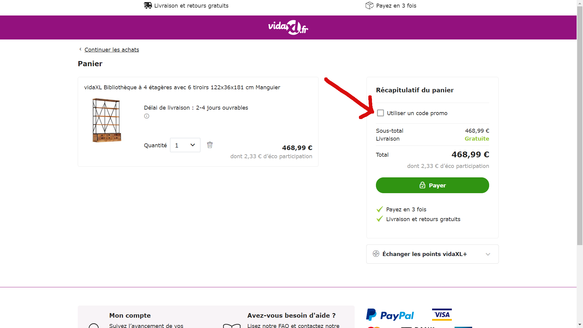 Où est la case code promo sur Vidaxl ?