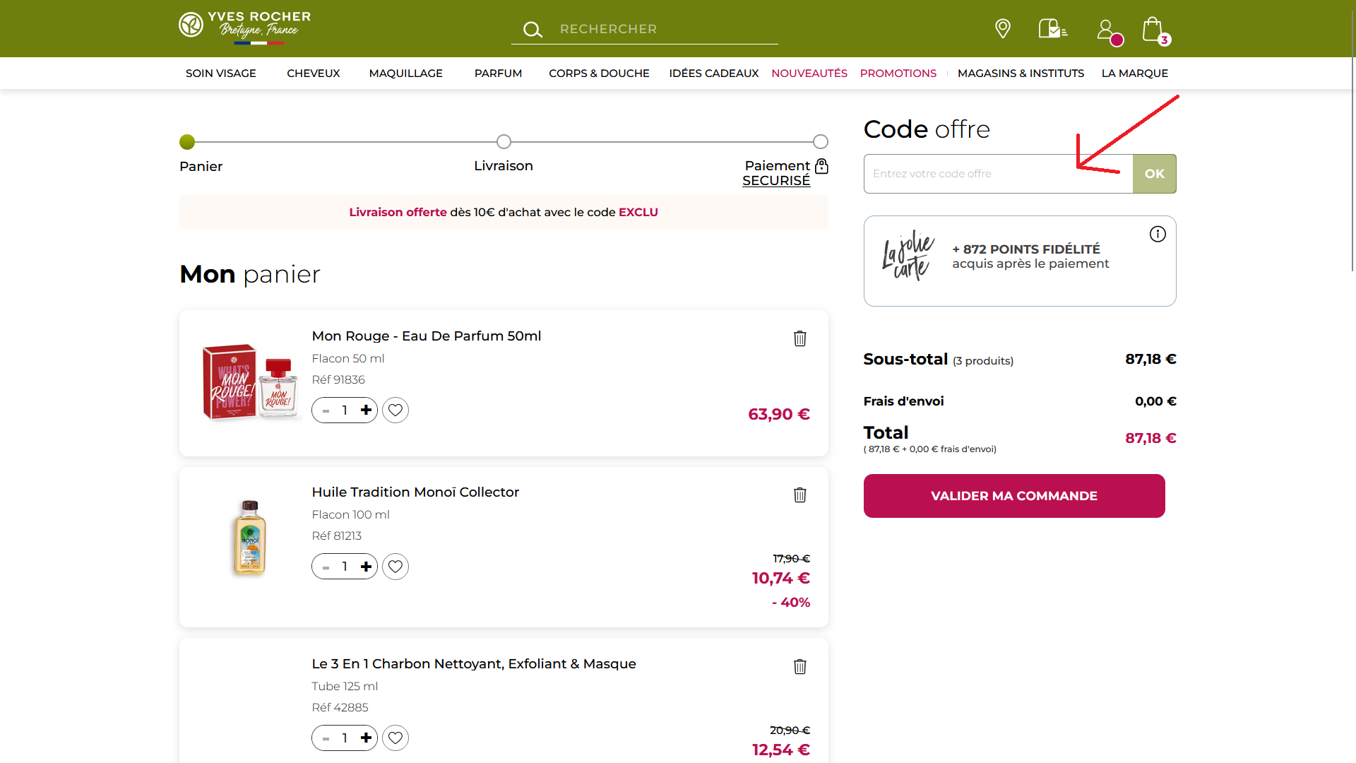 Où est la case code promo sur Yves Rocher ?